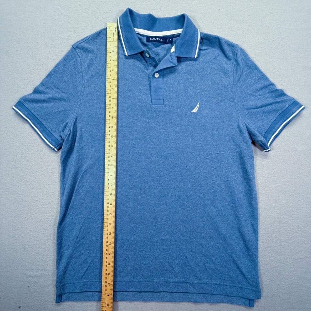 Nautica Polo Shirt Mens Medium Excellent Blue Short Sleeve Tipped Collar Logo - Picture 2 of 7